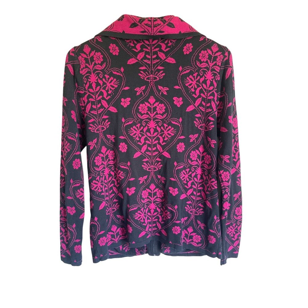 Chico's Size 1/Medium Pink Black Paisley Brocade Floral Full ZIp Knit Cardigan S - Picture 2 of 7